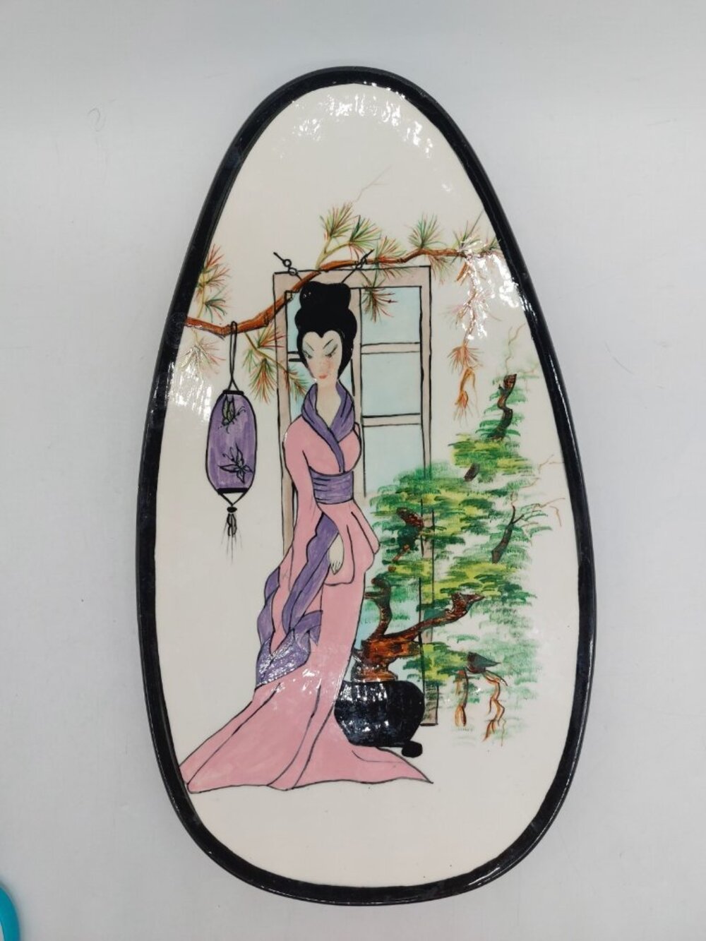 Chinese Geisha Girl Oblong Porcelain Plate Trinket Dish 13x8 - Picture 2 of 6